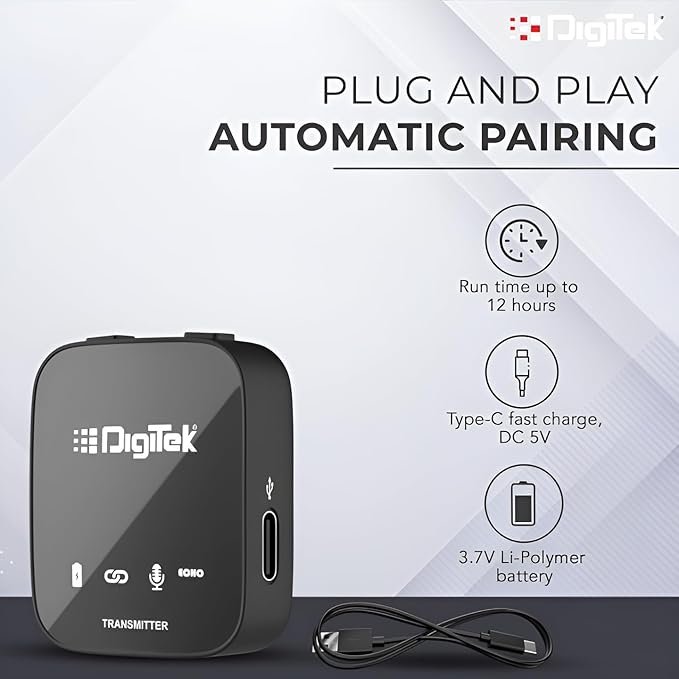 Shop Digitek DWM 101 Wireless Microphone System with ANC Noise Reduction – 12H Battery | For DSLR, Android & iOS - Image 4