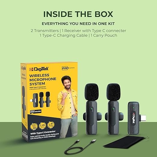 Digitek DWM-008 PRO Wireless Microphone System – Dual Channel Lavalier Mic for DSLR & Smartphone | Buy Online India - Image 2