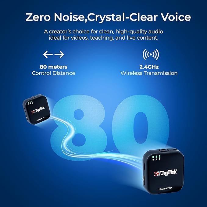 Digitek DWM 101 Mini Wireless Microphone System – 80m Range, TF Card Support, Real-Time Monitoring | For DSLR, PC & Laptop - Image 4
