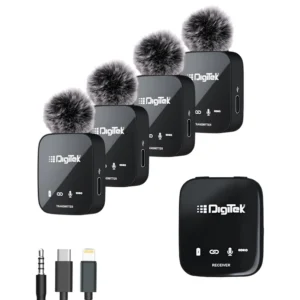 Digitek DWM-111 4 Channel Wireless Microphone System – 2.4GHz, 50m Range, Noise Reduction | For DSLR, Smartphone & Laptop